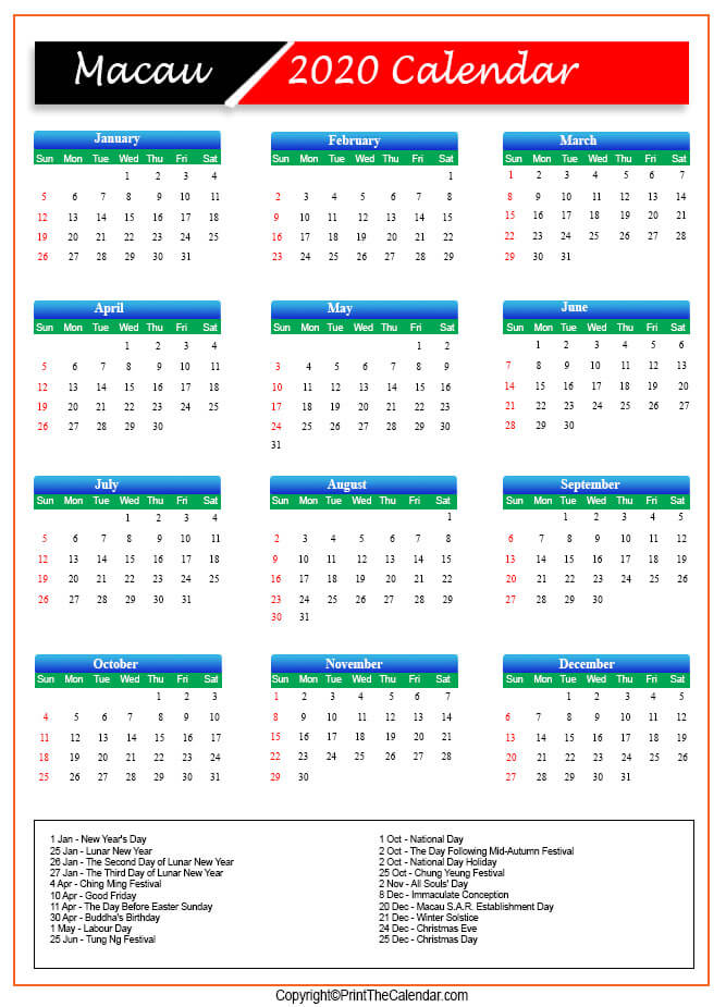 Macau Calendar 2020